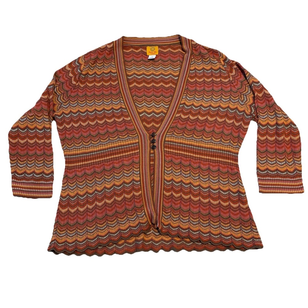 Ruby Red Scallop Cardigan Sweater 1X Crochet Knit Coastal Grandmother Boho Beach